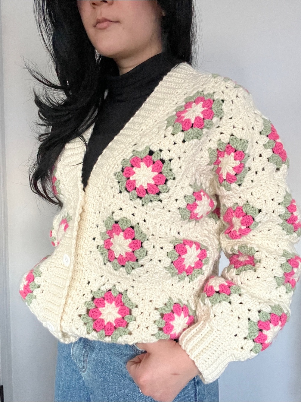 Crochet Granny Square Cardigan with Pink and Green Floral